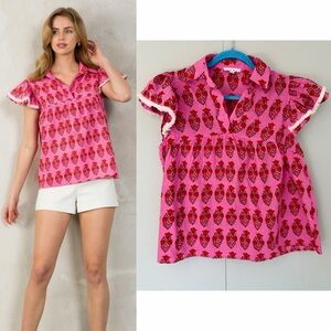 THML Selene Collared Flutter Sleeve Print Top in Pink SRT1775